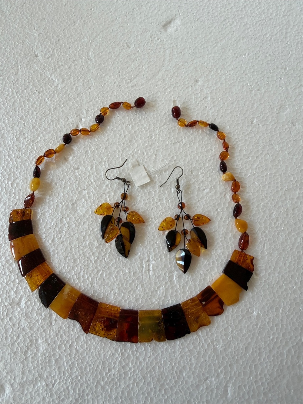 Amber Multi-Tone Leaf Necklace & Earrings Set from Latvia